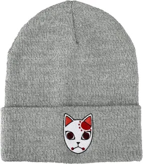 Demon Slayer Tanjiro Fox Mask Athletic Heather Skull Knitted Embroidered Cuffed Winter Beanie