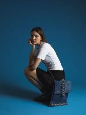 DENIM MESSENGER BAG WITH CENTRAL FRINGES