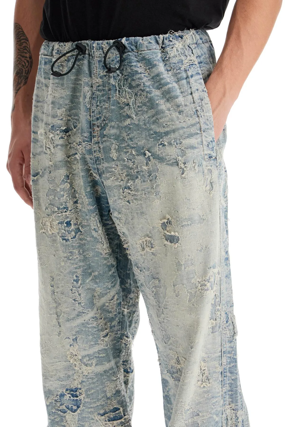 distressed denim jacquard pants