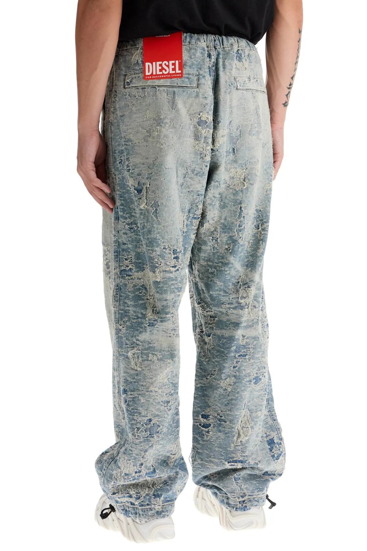 distressed denim jacquard pants