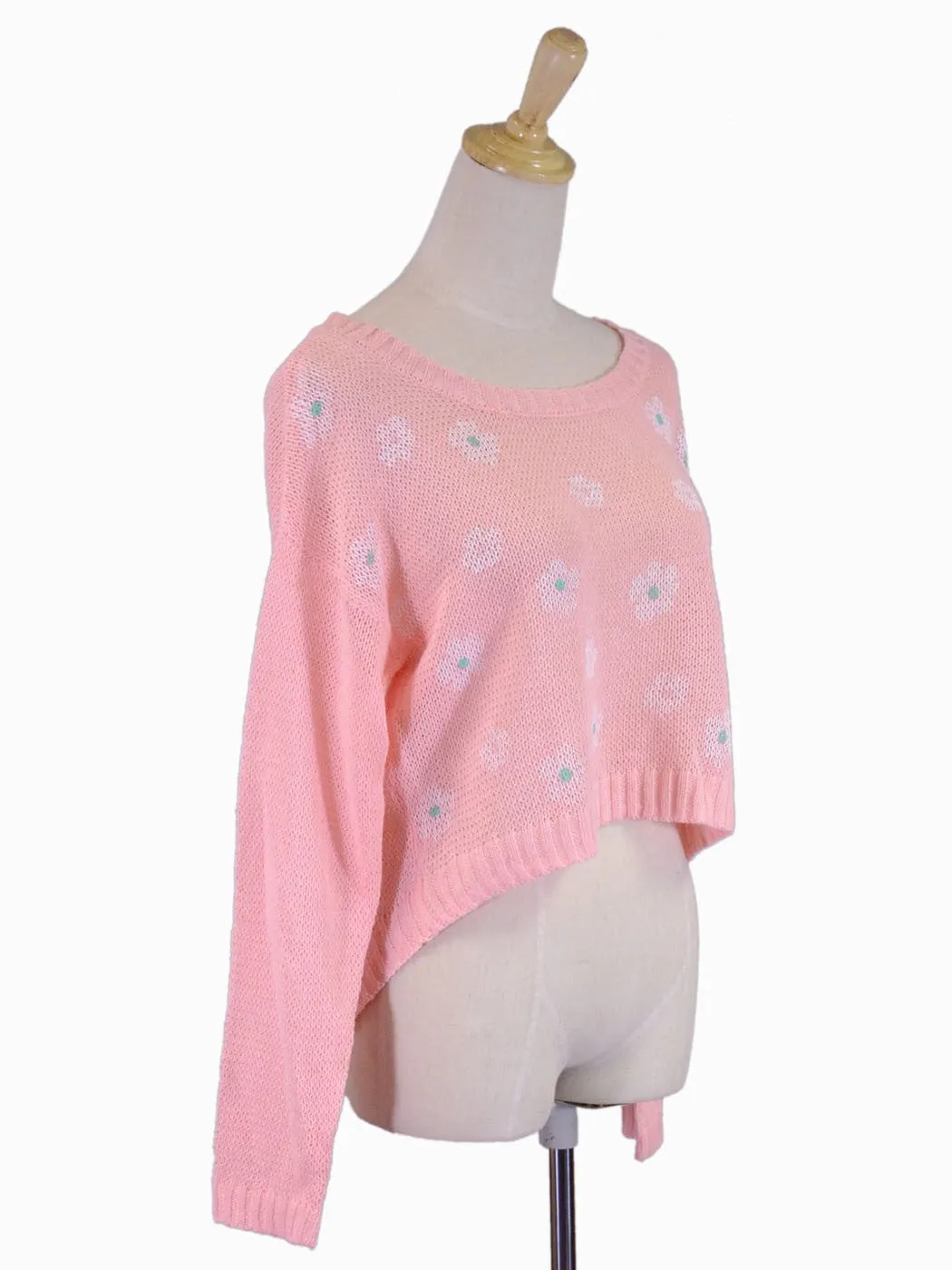 Edgemine Girly Daisy Print Long Sleeve Corset Back Knit Pullover Sweater Top
