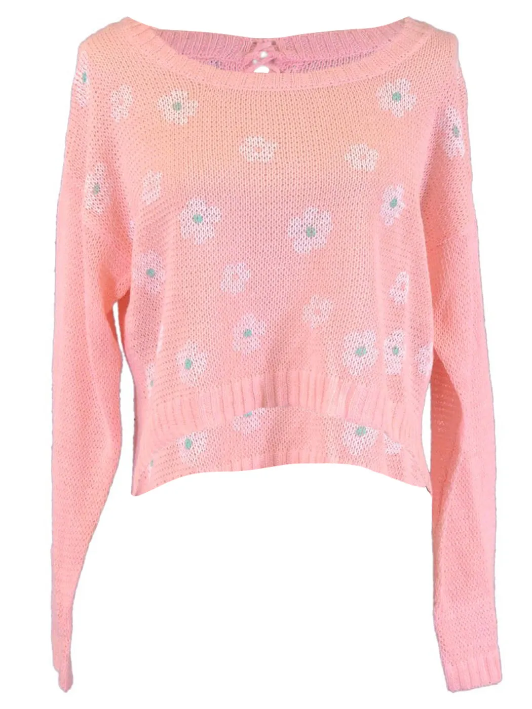 Edgemine Girly Daisy Print Long Sleeve Corset Back Knit Pullover Sweater Top