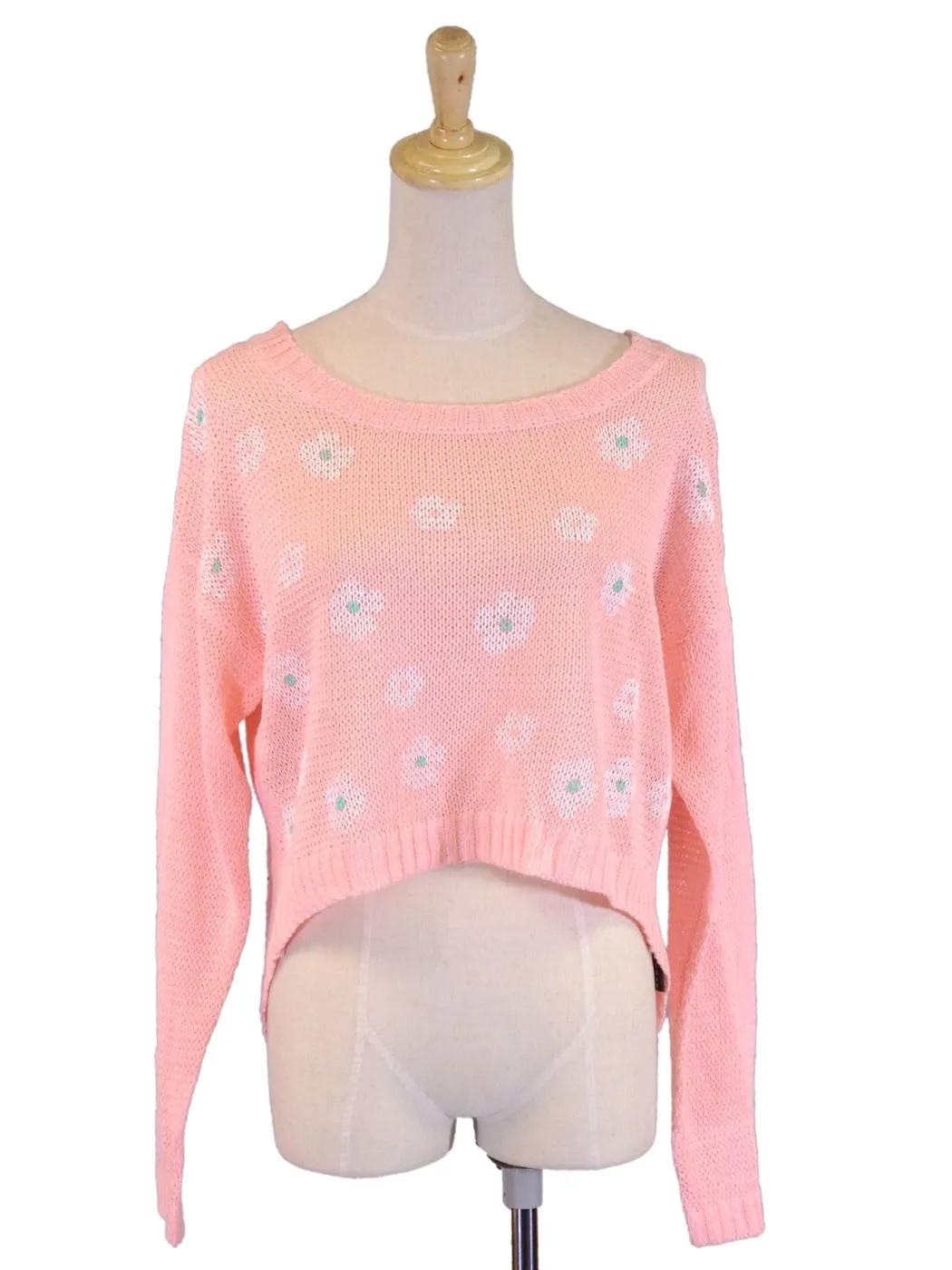 Edgemine Girly Daisy Print Long Sleeve Corset Back Knit Pullover Sweater Top