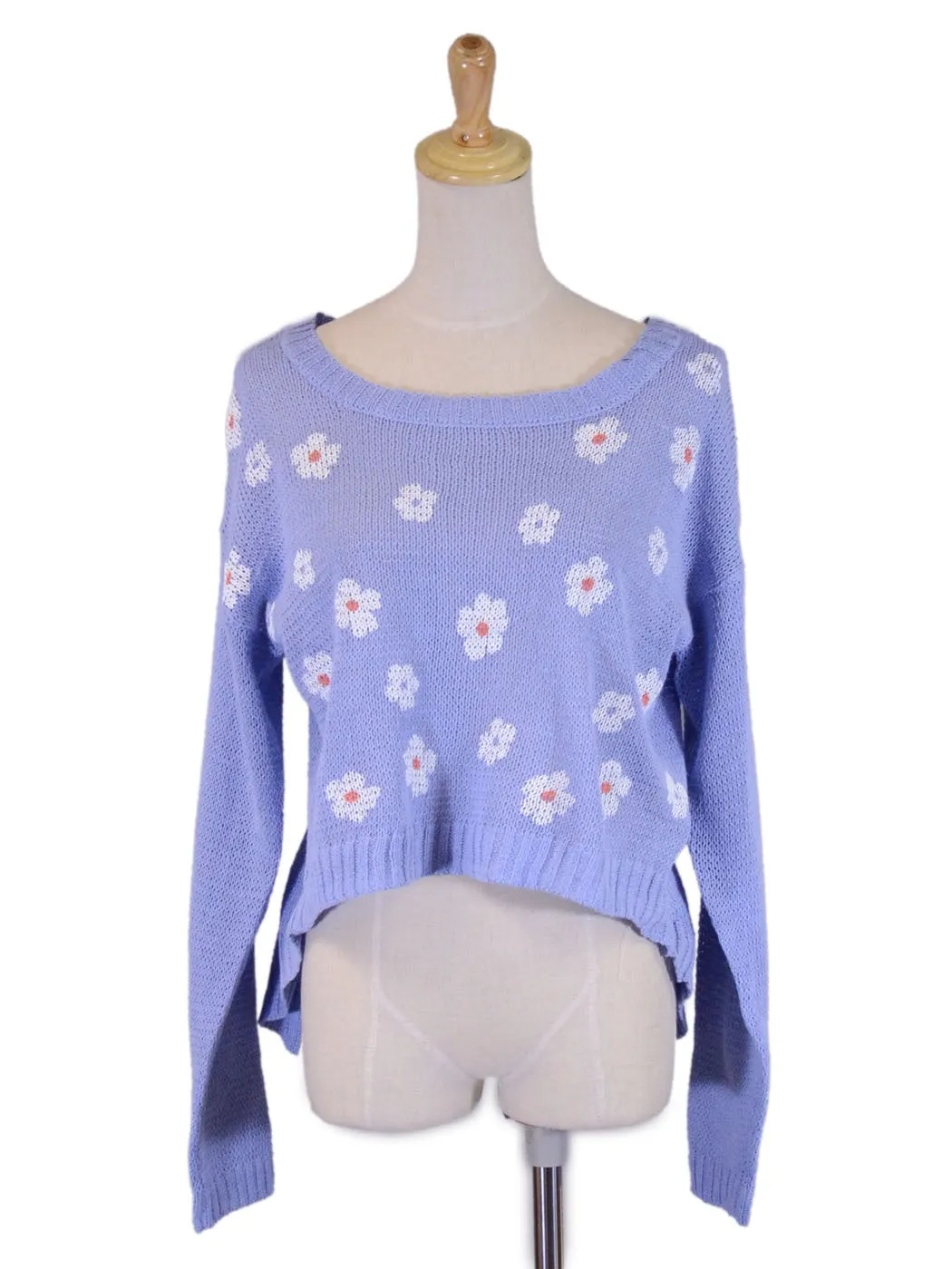 Edgemine Girly Daisy Print Long Sleeve Corset Back Knit Pullover Sweater Top