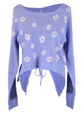Edgemine Girly Daisy Print Long Sleeve Corset Back Knit Pullover Sweater Top