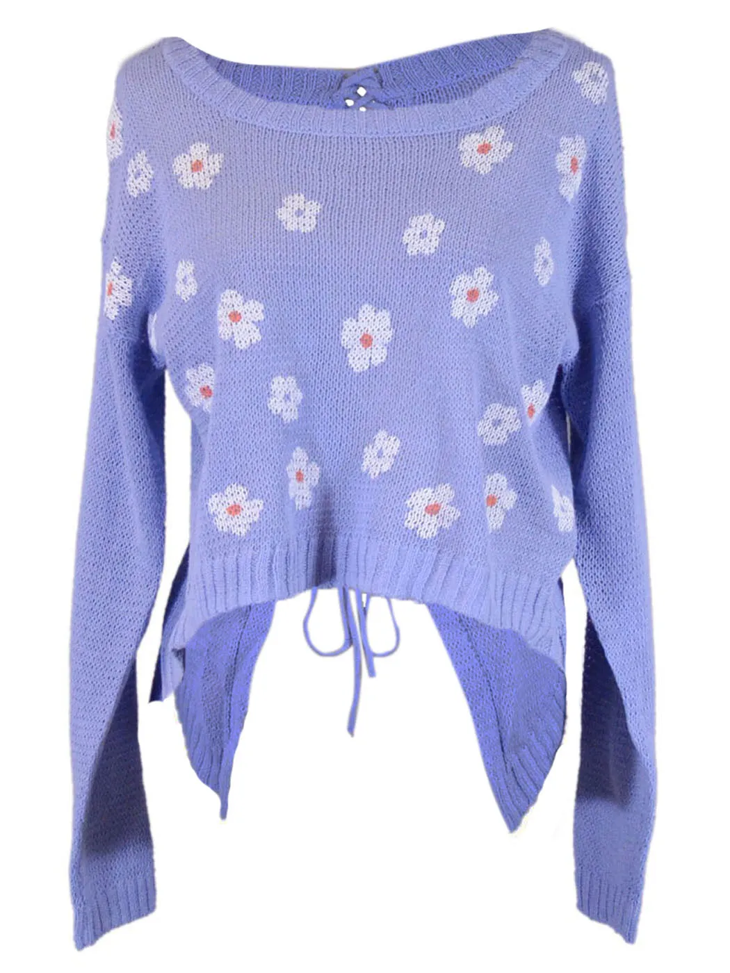 Edgemine Girly Daisy Print Long Sleeve Corset Back Knit Pullover Sweater Top