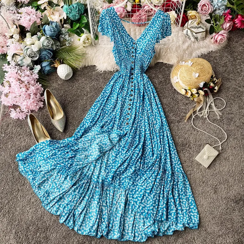 Fairy Floral Dress Open Back Pleated Long Skirt 894