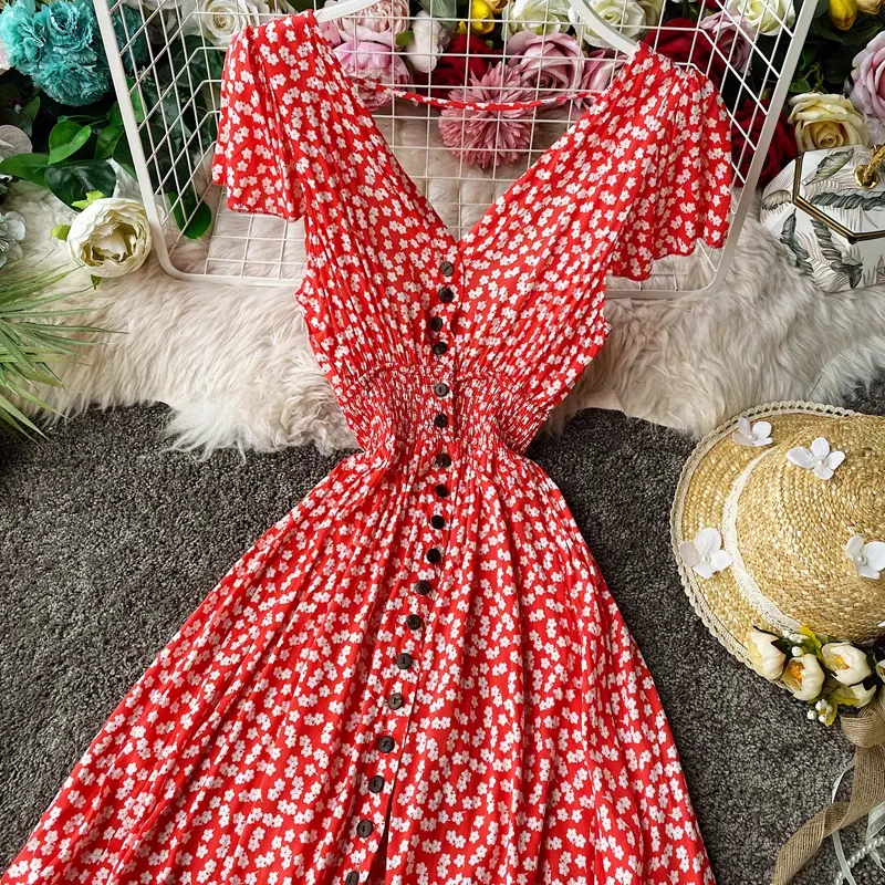 Fairy Floral Dress Open Back Pleated Long Skirt 894