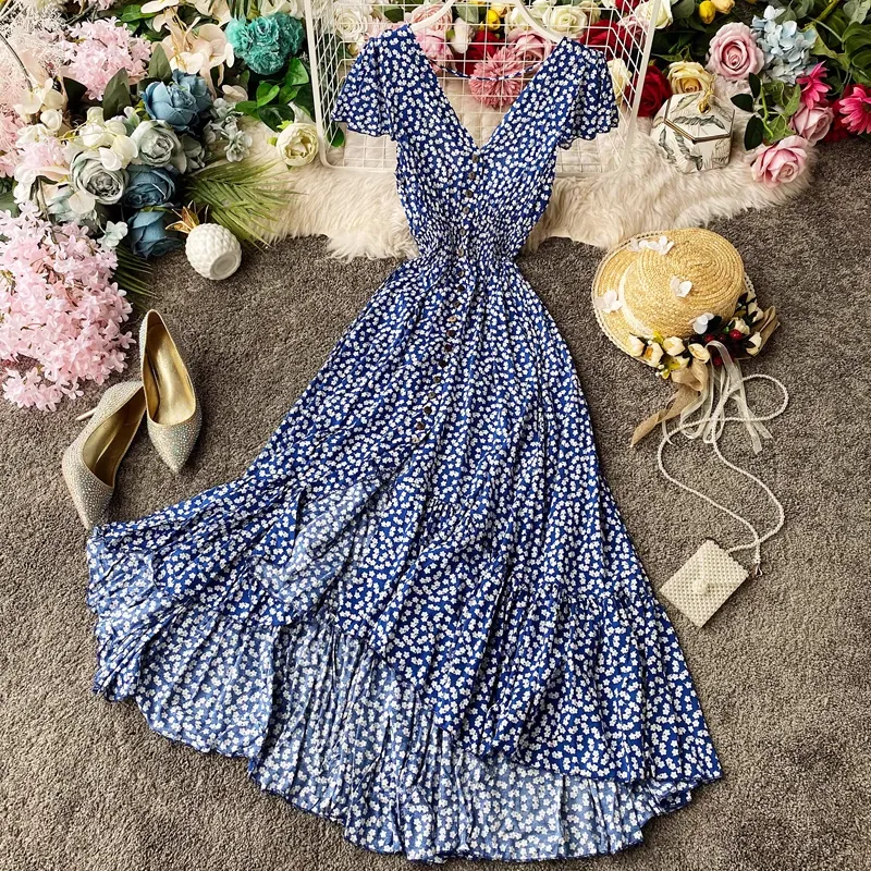Fairy Floral Dress Open Back Pleated Long Skirt 894