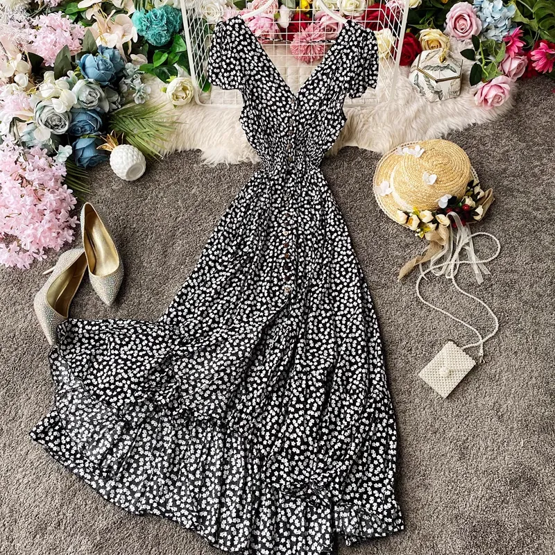 Fairy Floral Dress Open Back Pleated Long Skirt 894