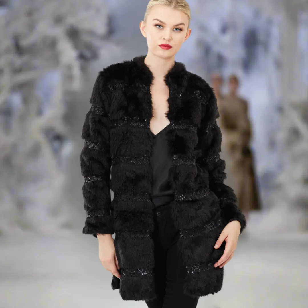 Faux Fur Coat with Hand Beaded Sequin