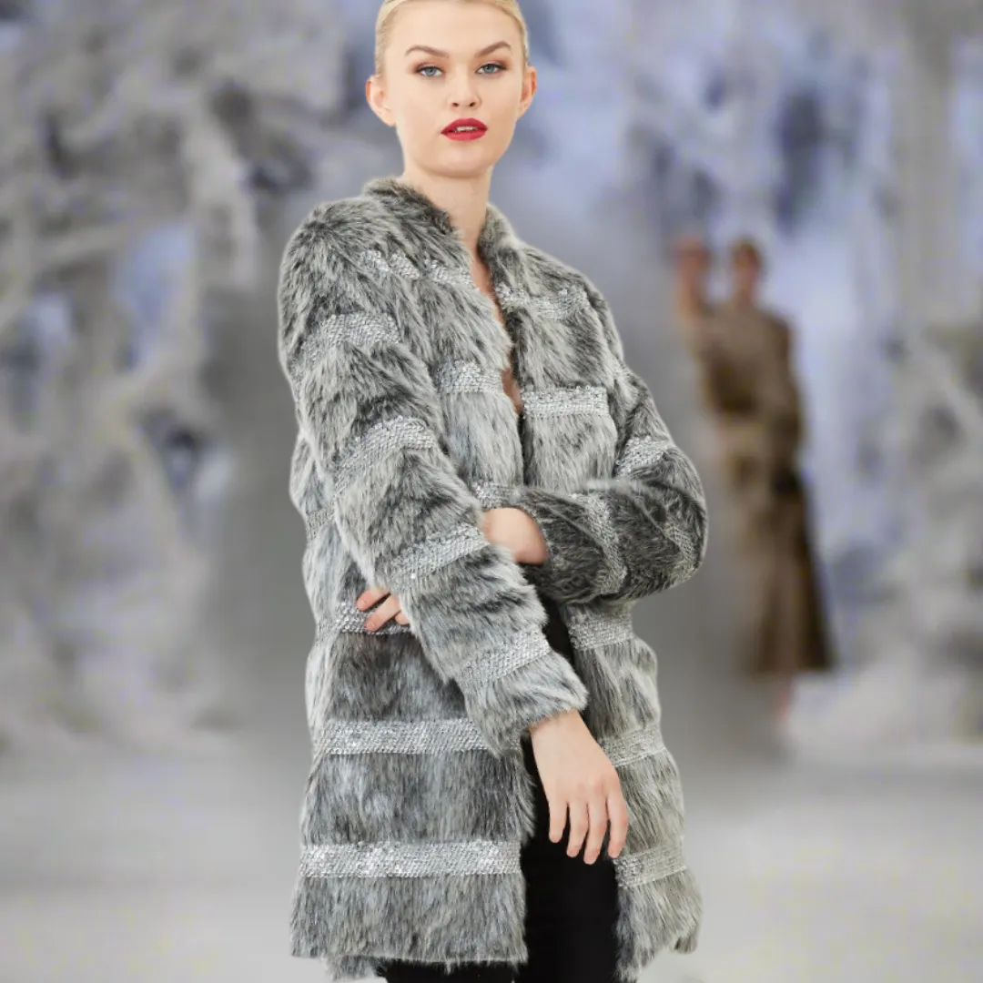 Faux Fur Coat with Hand Beaded Sequin