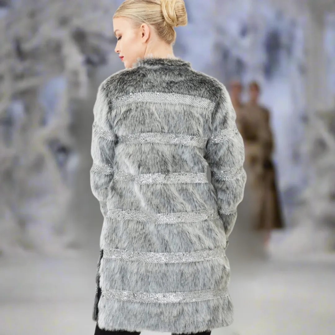 Faux Fur Coat with Hand Beaded Sequin