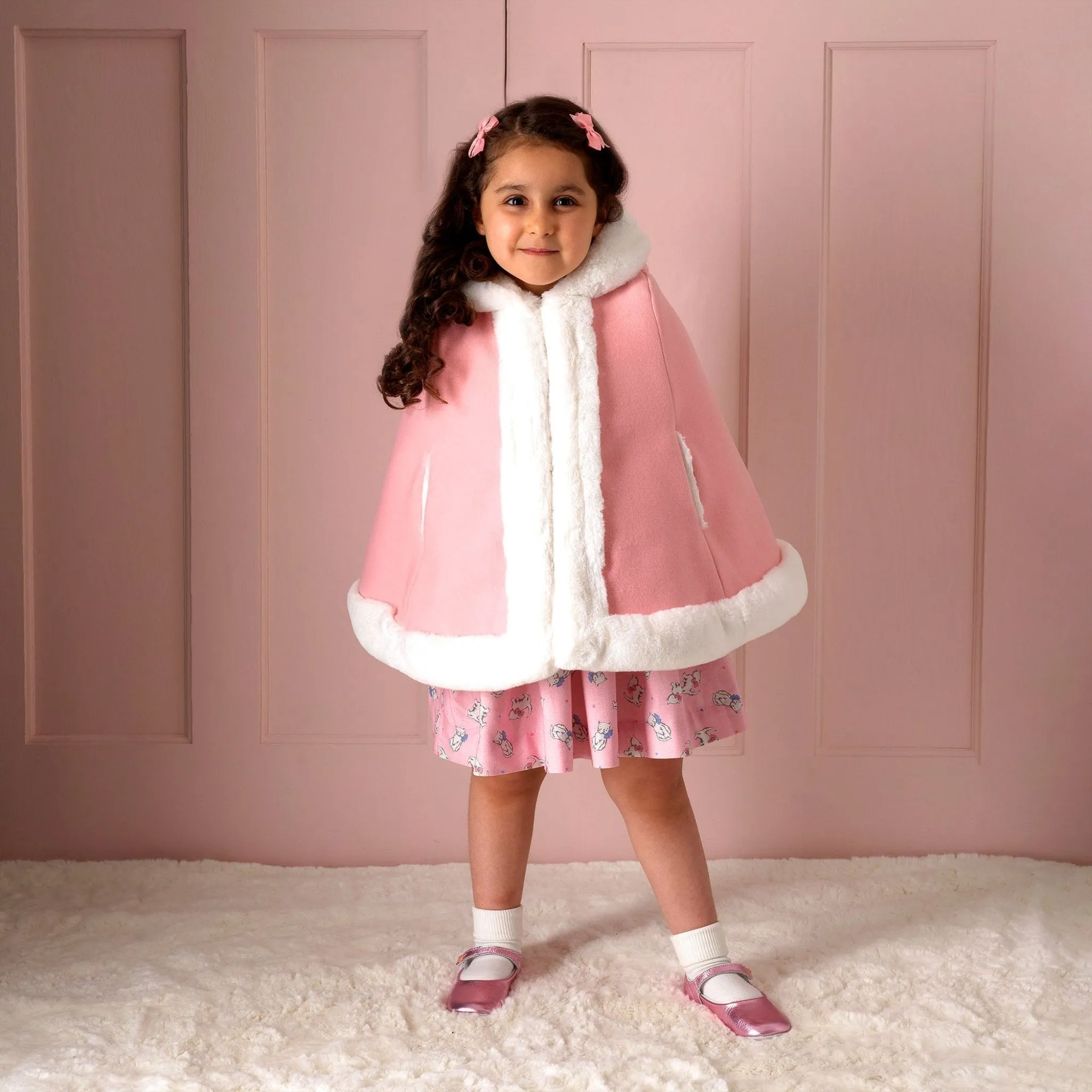 Faux Fur Trim Cape, Pink