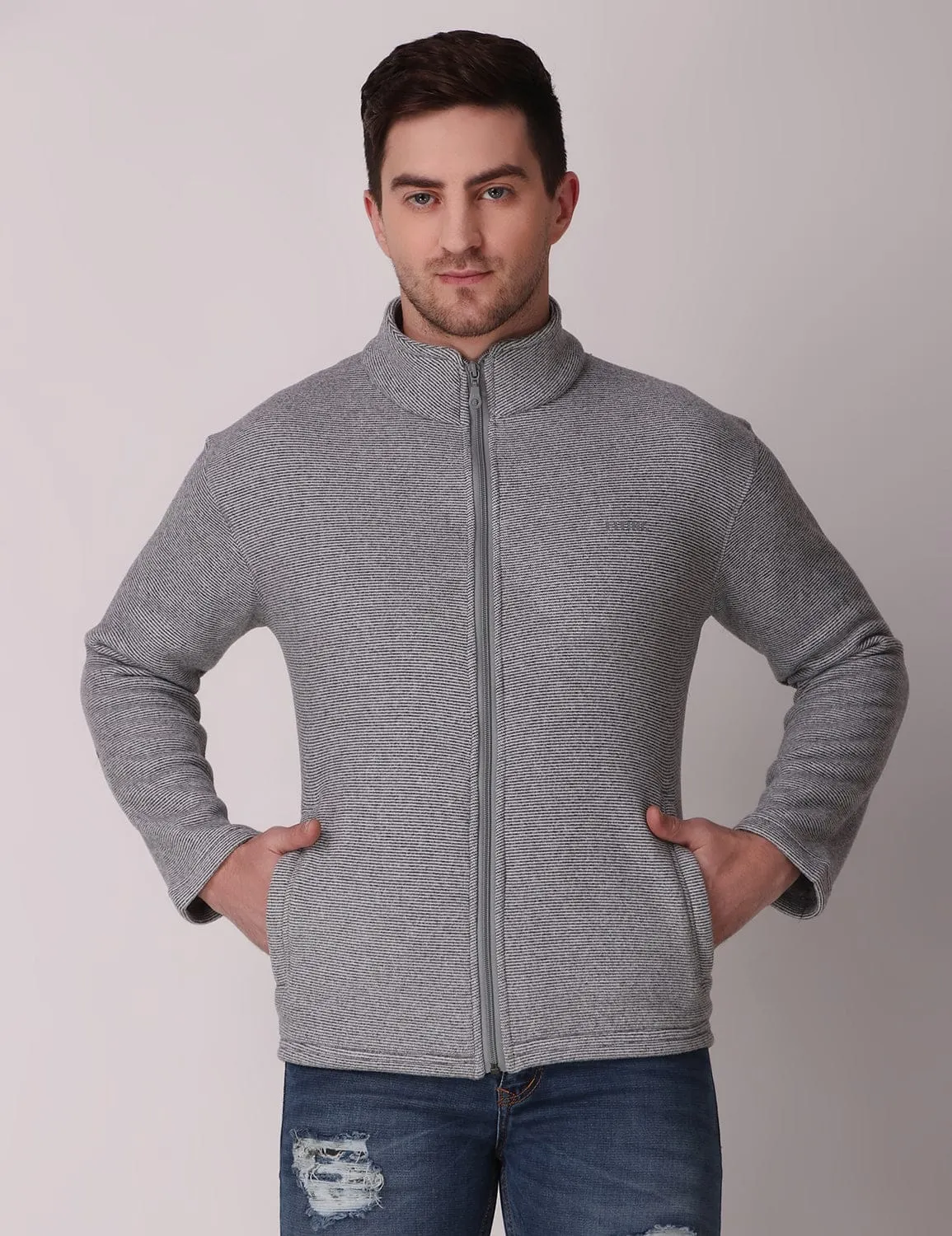 Fitinc Fleece Full Sleeves Melange Light Grey Jacket for Men
