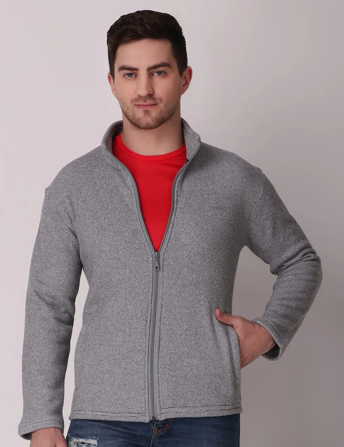 Fitinc Fleece Full Sleeves Melange Light Grey Jacket for Men