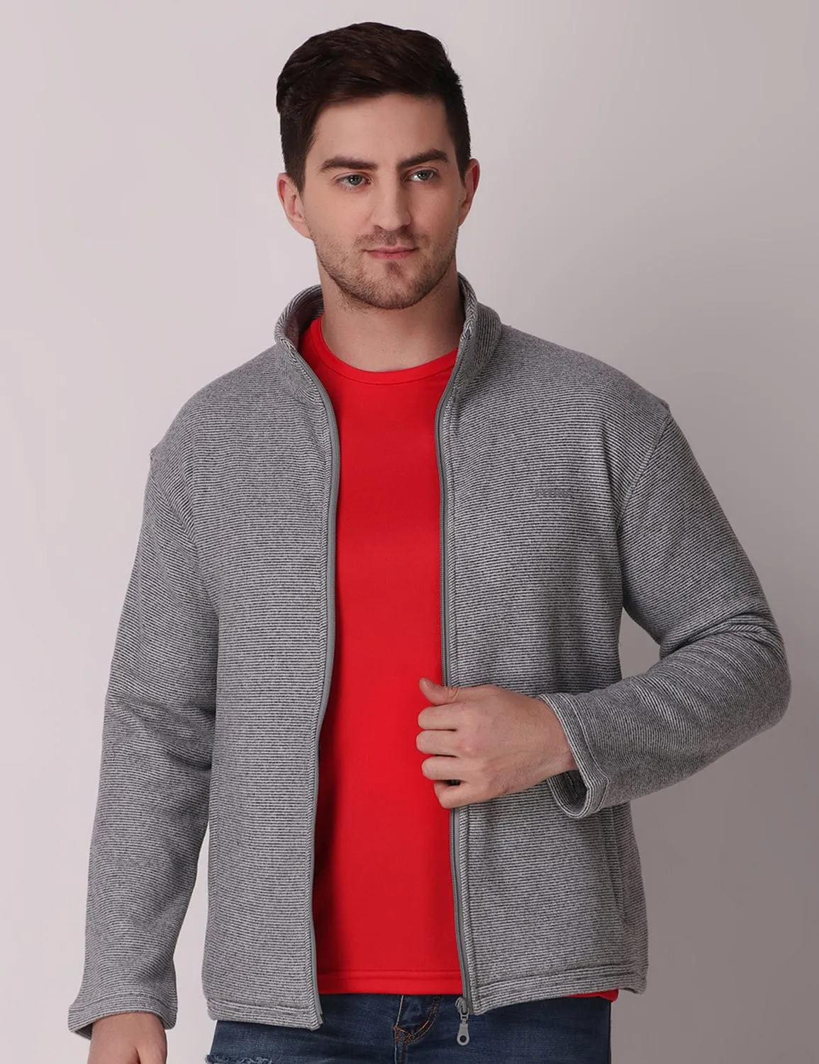 Fitinc Fleece Full Sleeves Melange Light Grey Jacket for Men