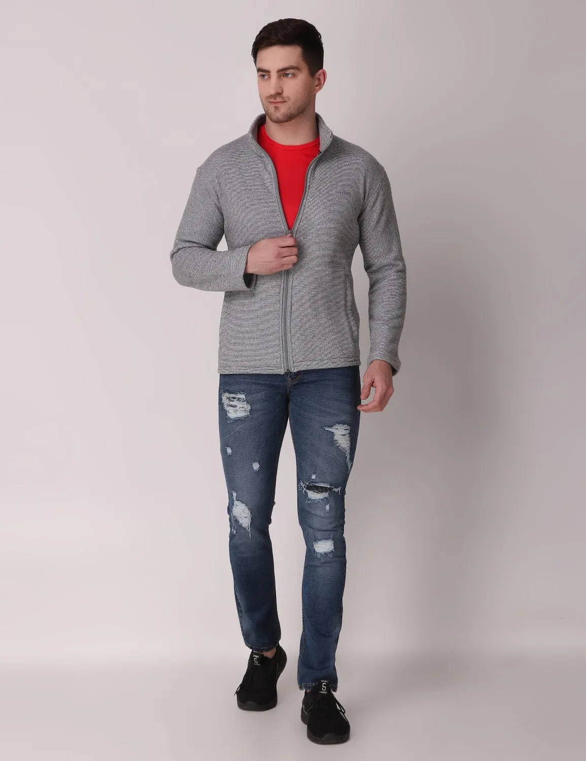 Fitinc Fleece Full Sleeves Melange Light Grey Jacket for Men