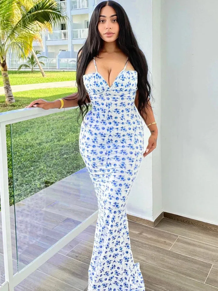 Floral Printed Lace Up Long Dress