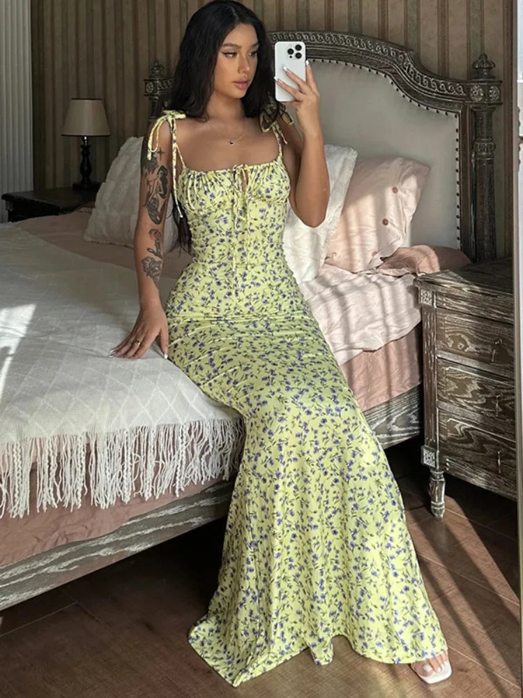Floral Printed Lace Up Long Dress