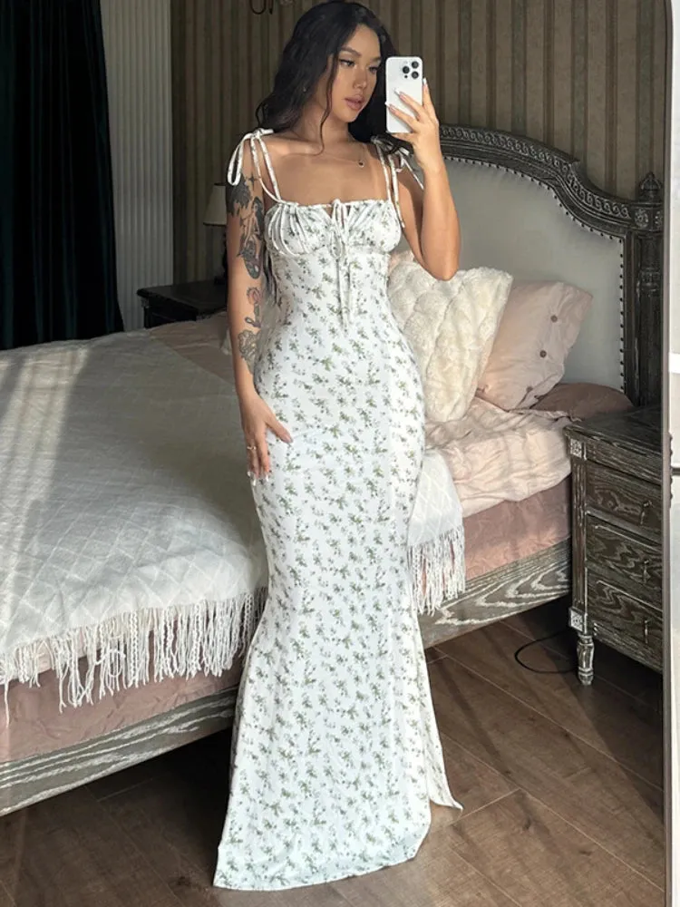 Floral Printed Lace Up Long Dress