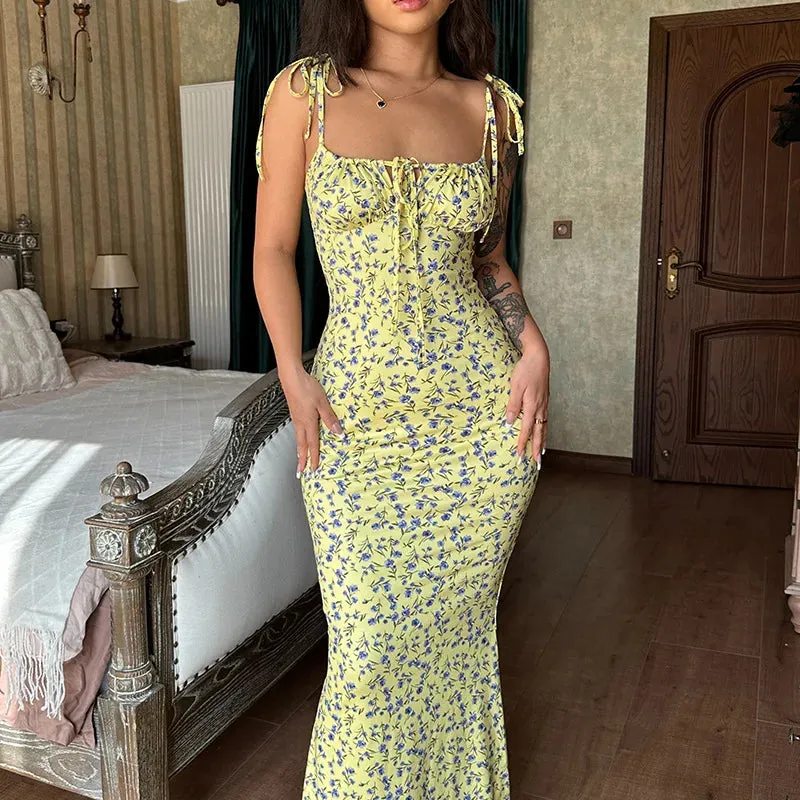 Floral Printed Lace Up Long Dress