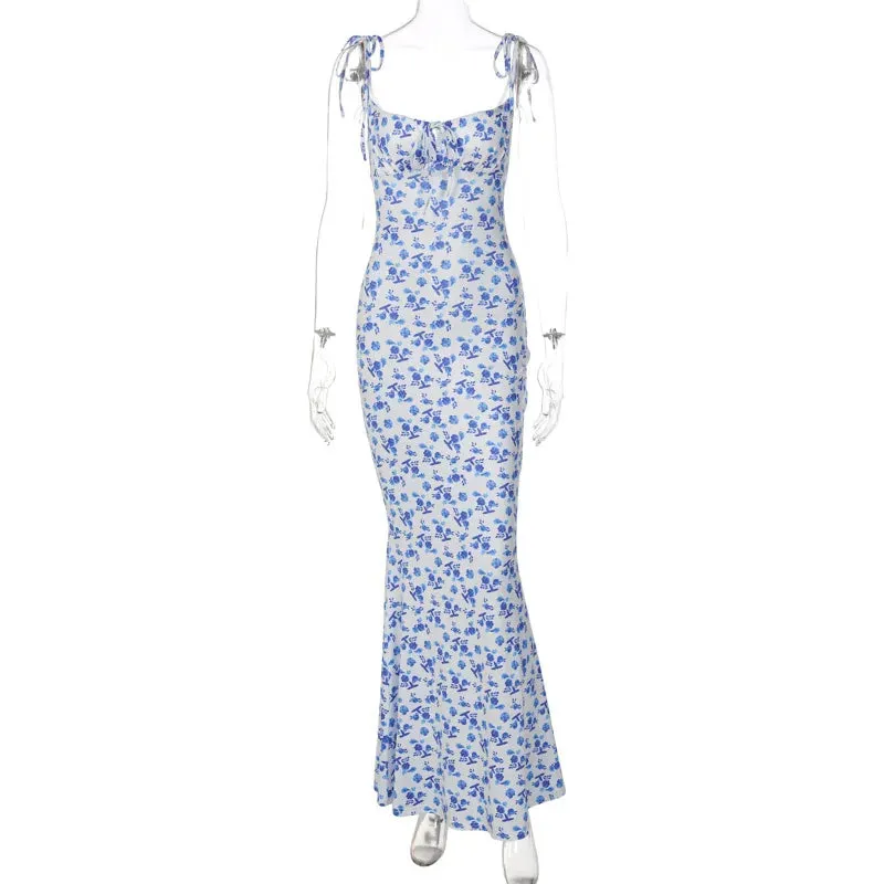 Floral Printed Lace Up Long Dress