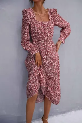 FLORAL SQUARE NECK FRILL SHOULDER DRESS