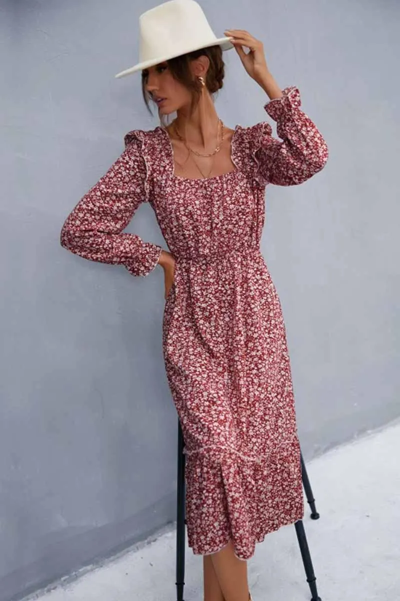 FLORAL SQUARE NECK FRILL SHOULDER DRESS
