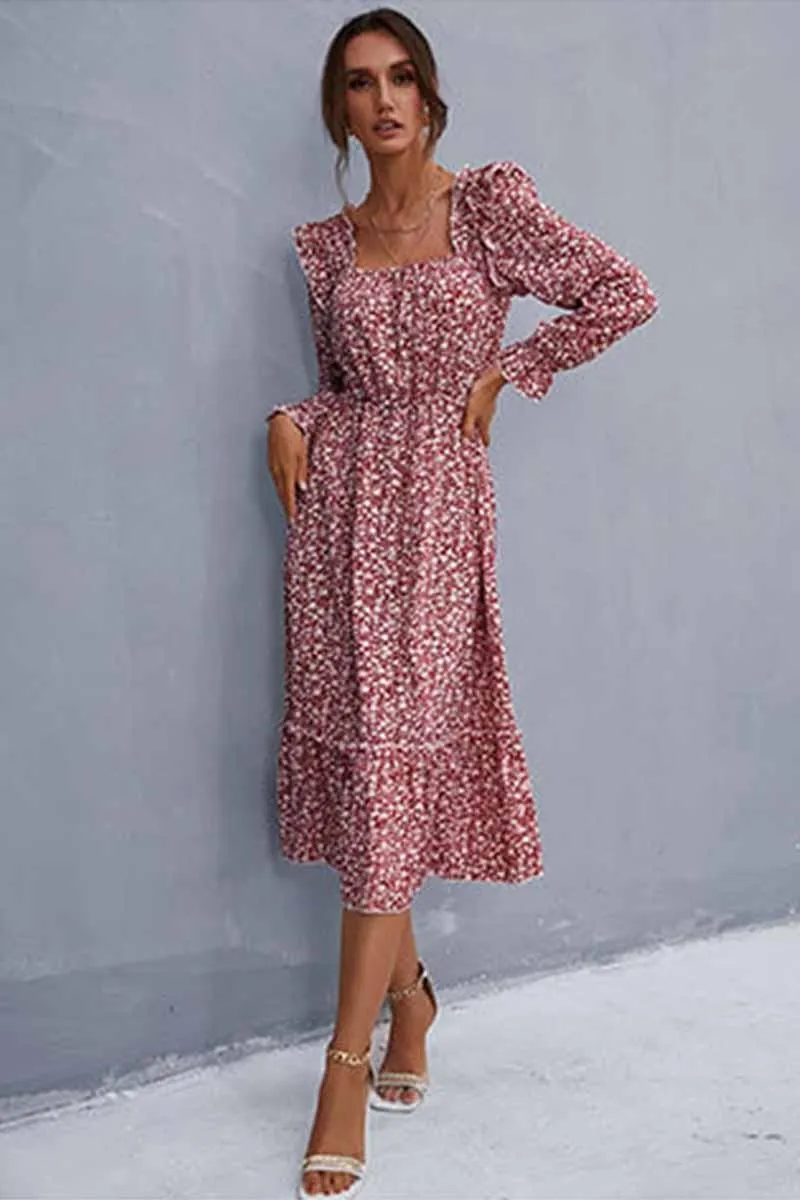 FLORAL SQUARE NECK FRILL SHOULDER DRESS