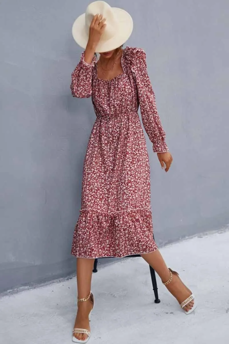 FLORAL SQUARE NECK FRILL SHOULDER DRESS