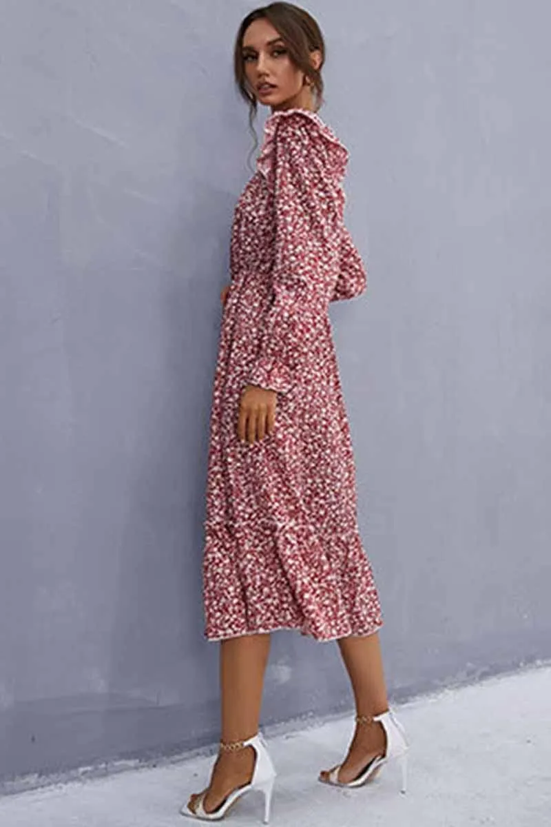 FLORAL SQUARE NECK FRILL SHOULDER DRESS