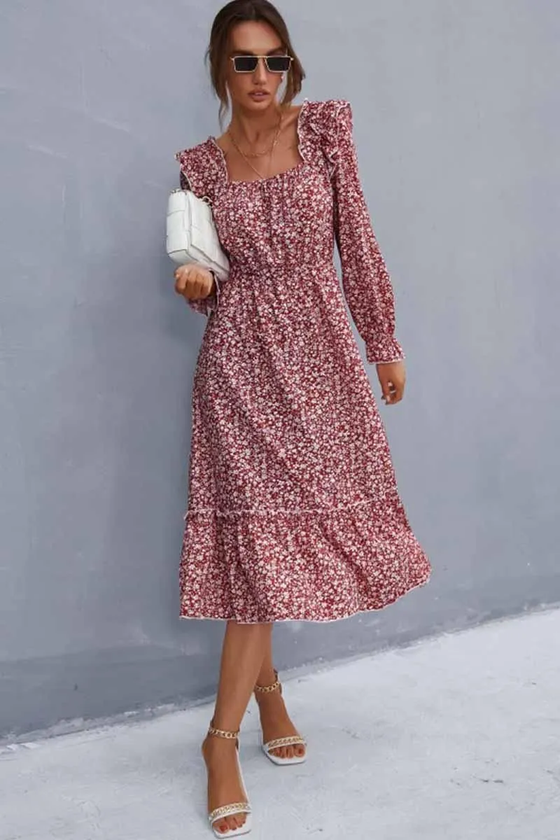 FLORAL SQUARE NECK FRILL SHOULDER DRESS