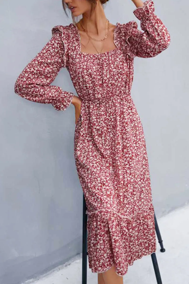 FLORAL SQUARE NECK FRILL SHOULDER DRESS
