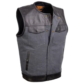 GREY MDM3005 Men's Brute Grey Denim w/ Black Perforated Leather Club Style Vest w/ Hidden Dual Closure