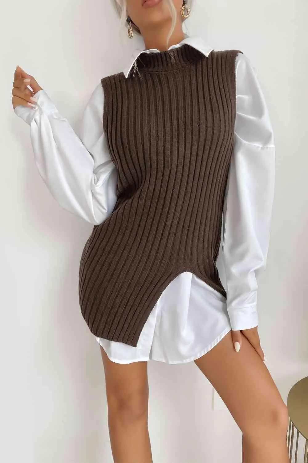Heat Up Slit Crew Neck Knit Sweater Vest Dress