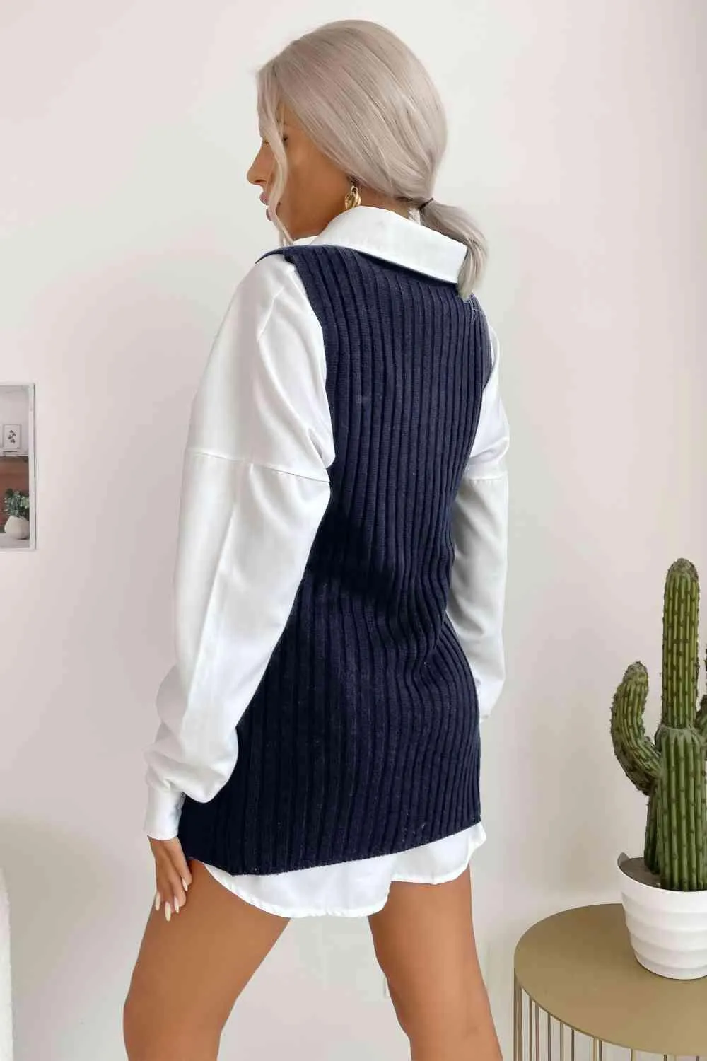 Heat Up Slit Crew Neck Knit Sweater Vest Dress