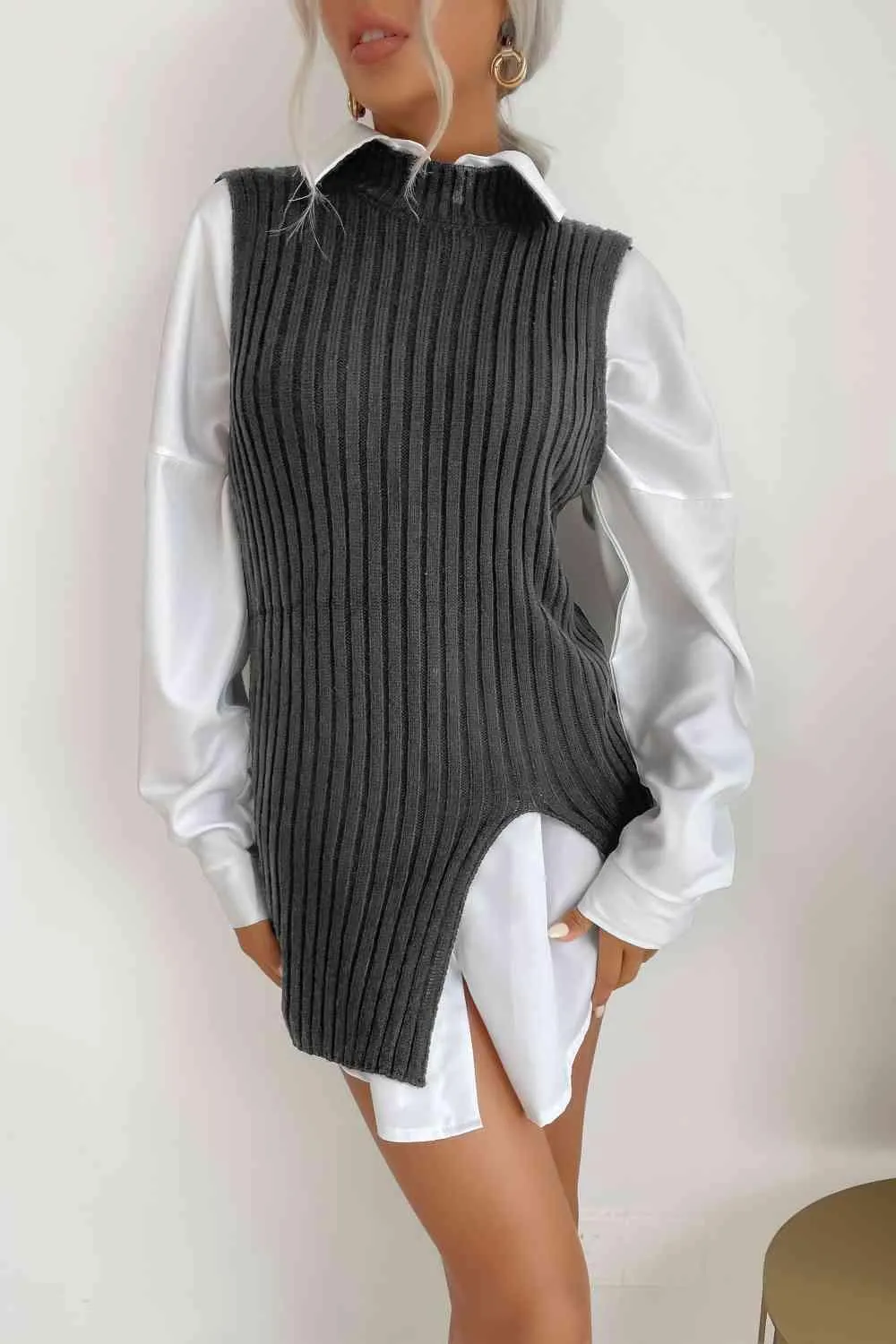 Heat Up Slit Crew Neck Knit Sweater Vest Dress
