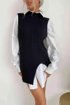 Heat Up Slit Crew Neck Knit Sweater Vest Dress