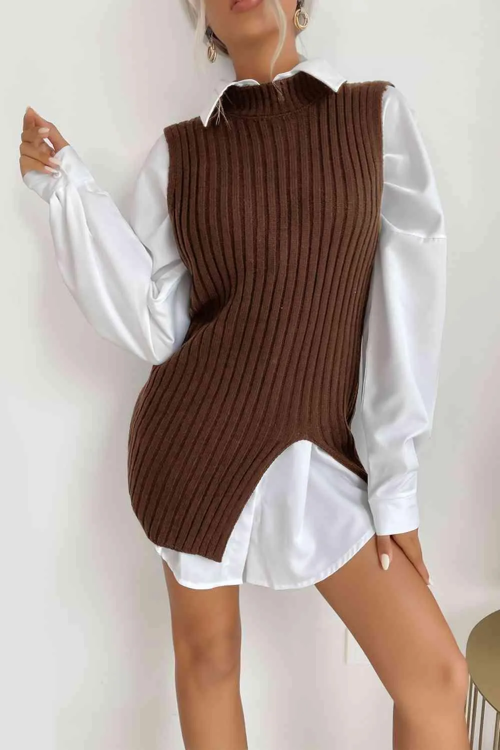 Heat Up Slit Crew Neck Knit Sweater Vest Dress