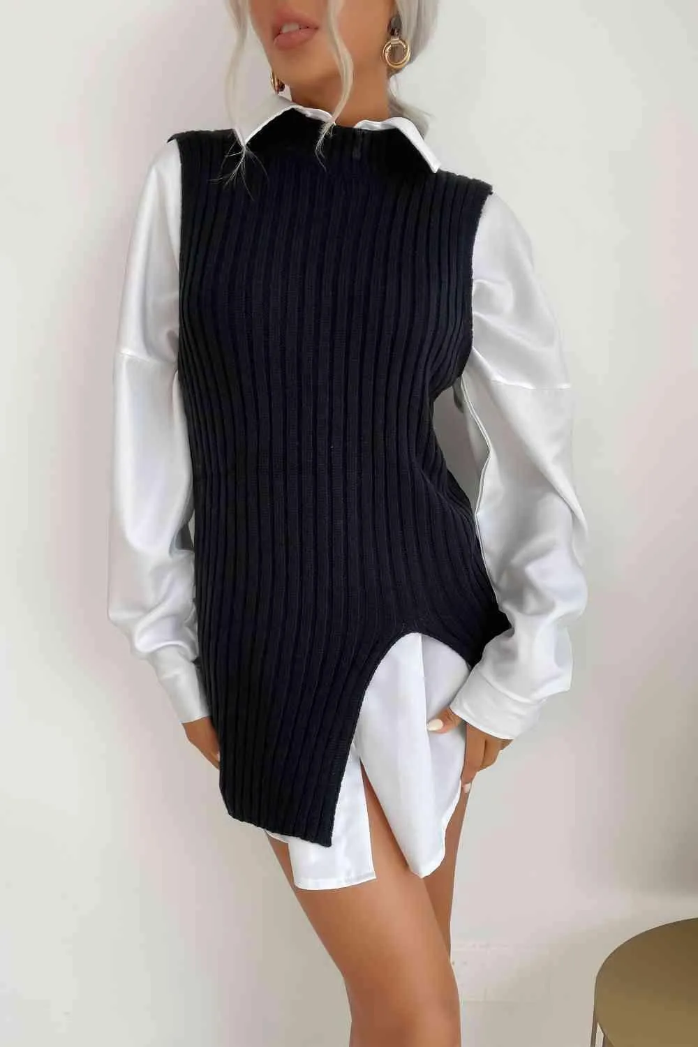 Heat Up Slit Crew Neck Knit Sweater Vest Dress