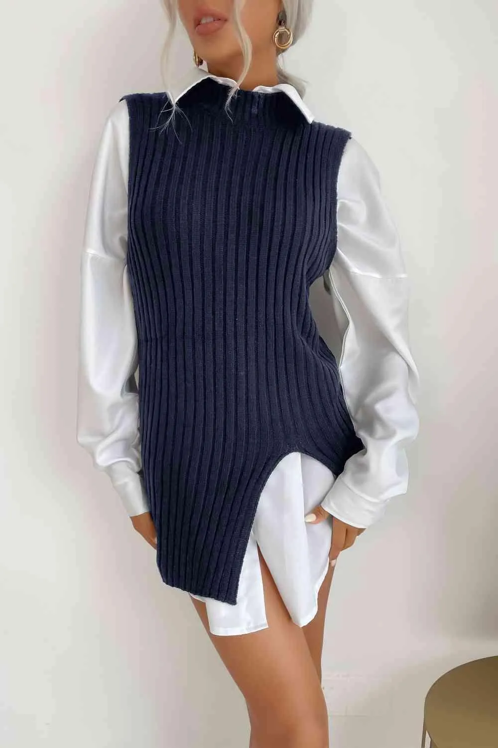 Heat Up Slit Crew Neck Knit Sweater Vest Dress