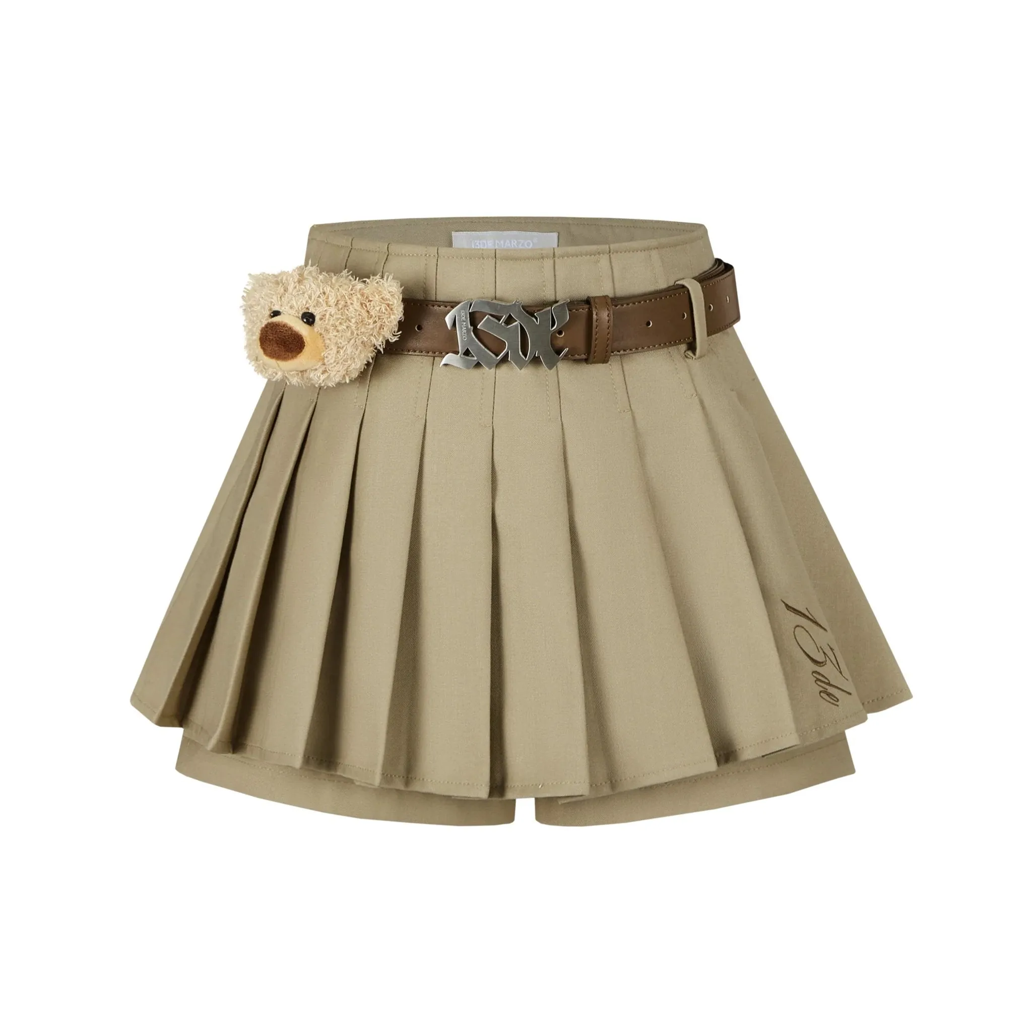 High Waist Belt Pleated Skirt in Brown