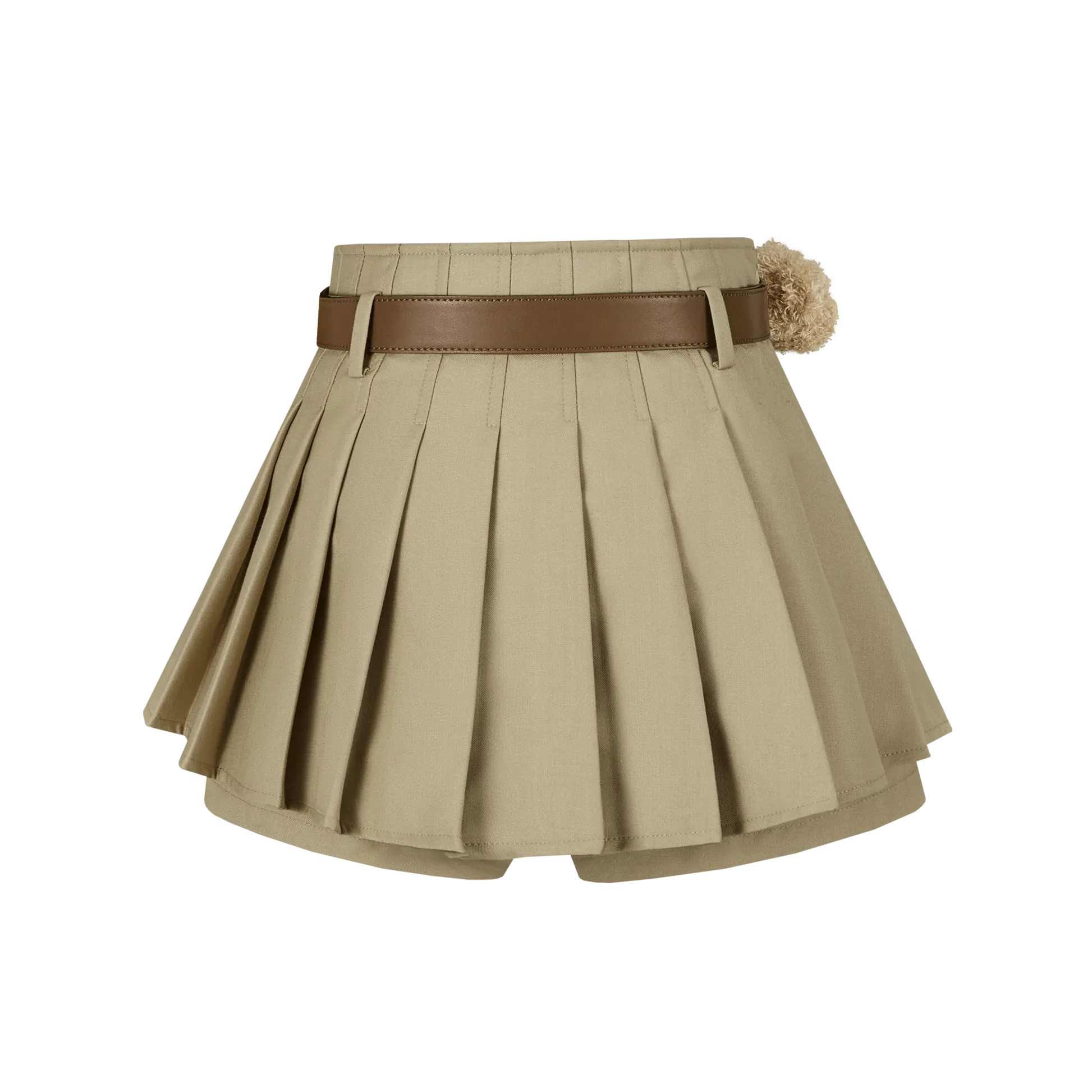 High Waist Belt Pleated Skirt in Brown