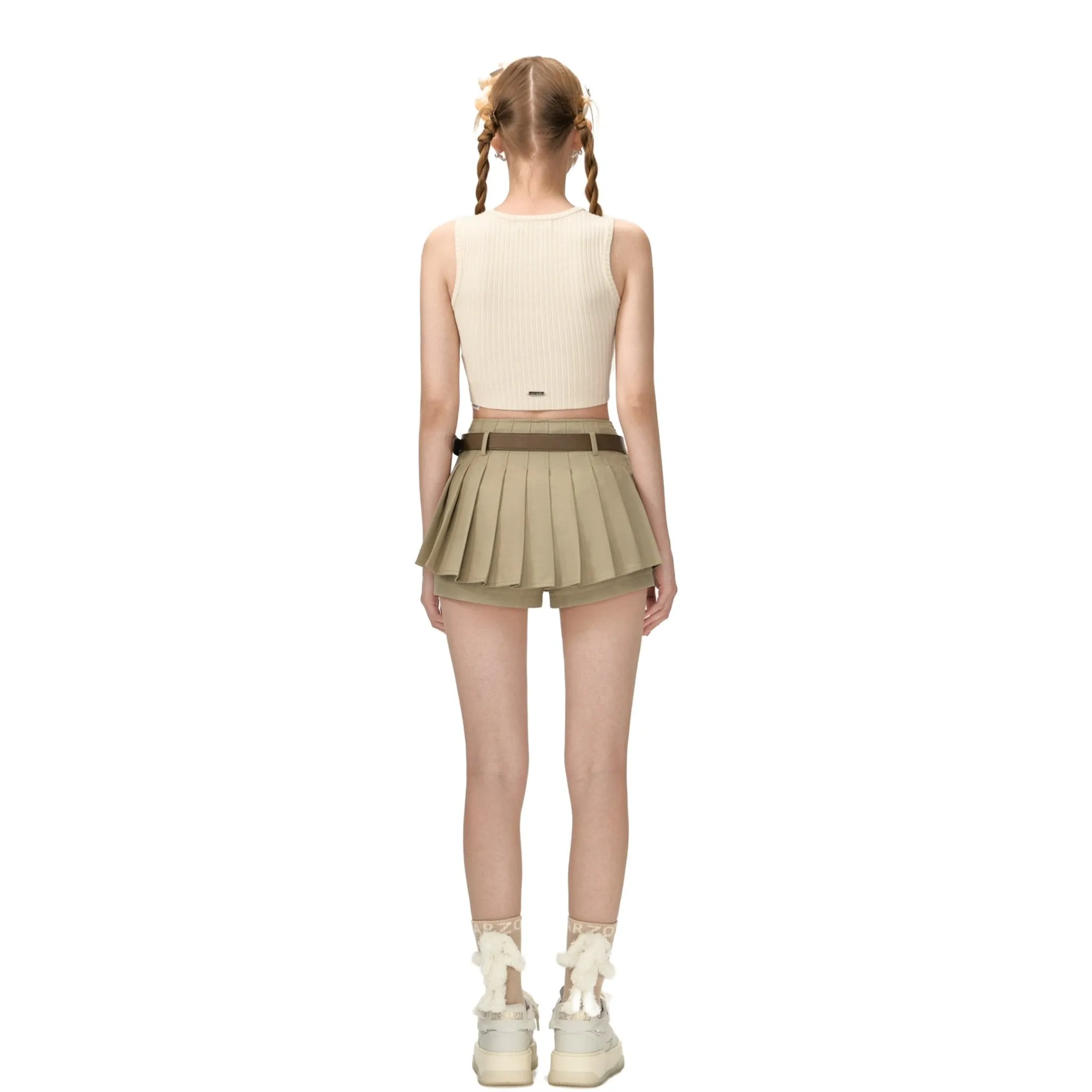 High Waist Belt Pleated Skirt in Brown
