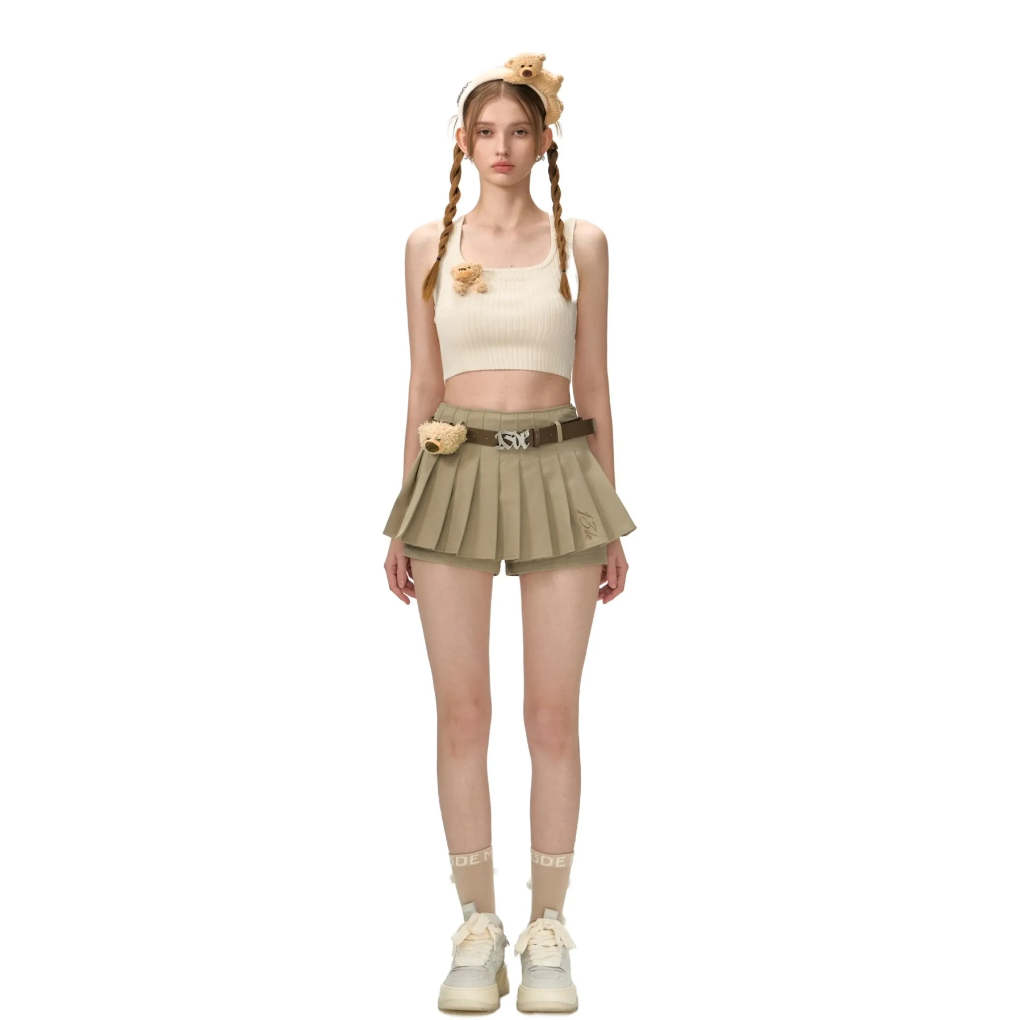 High Waist Belt Pleated Skirt in Brown
