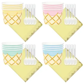 Ice Cream Party Supplies - Deluxe Metallic Gold Treat Cups, Beverage Napkins, & Mini Plastic Spoon Set (Serves 16)