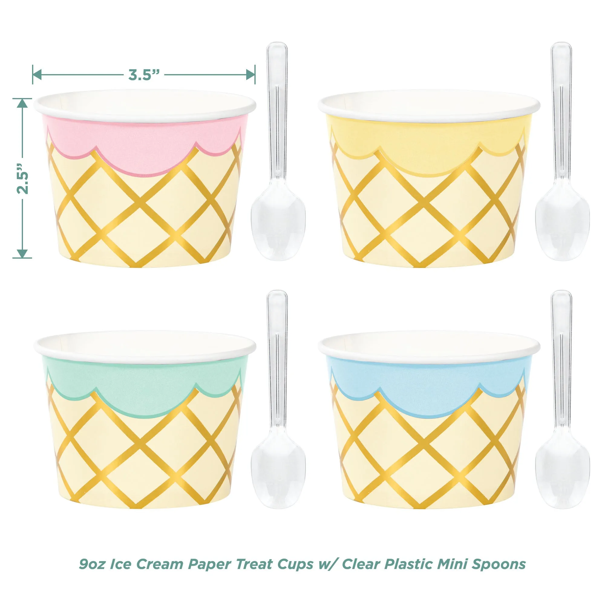 Ice Cream Party Supplies - Deluxe Metallic Gold Treat Cups, Beverage Napkins, & Mini Plastic Spoon Set (Serves 16)