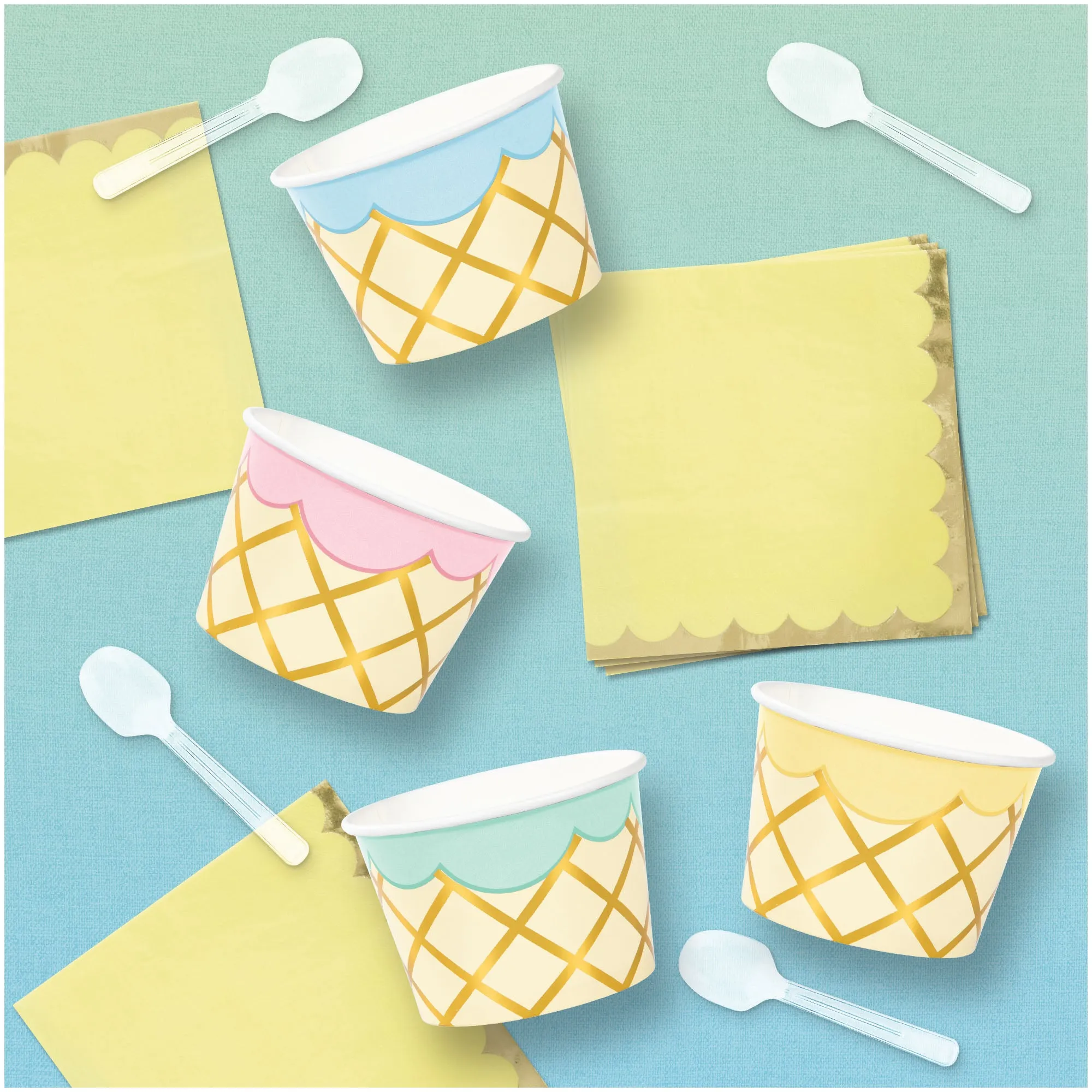 Ice Cream Party Supplies - Deluxe Metallic Gold Treat Cups, Beverage Napkins, & Mini Plastic Spoon Set (Serves 16)