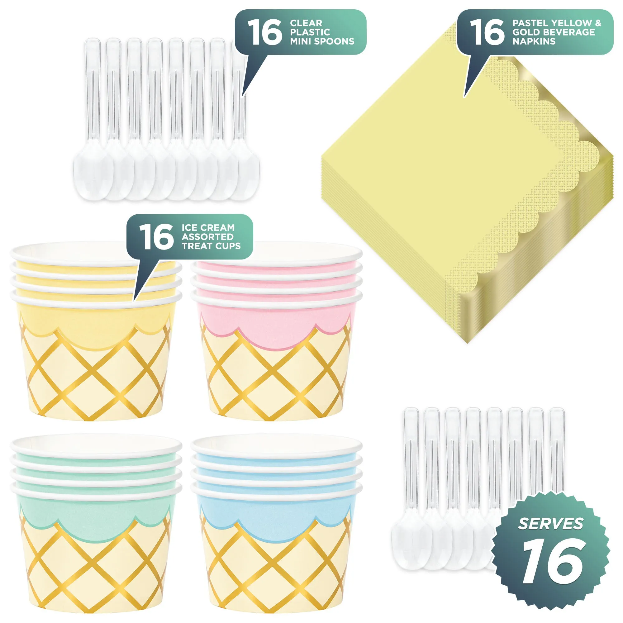 Ice Cream Party Supplies - Deluxe Metallic Gold Treat Cups, Beverage Napkins, & Mini Plastic Spoon Set (Serves 16)